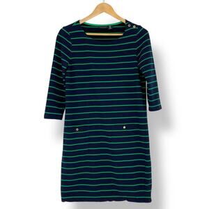 Adrienne Vittadini Navy & Green Striped Dress with Button Detail Sz Small